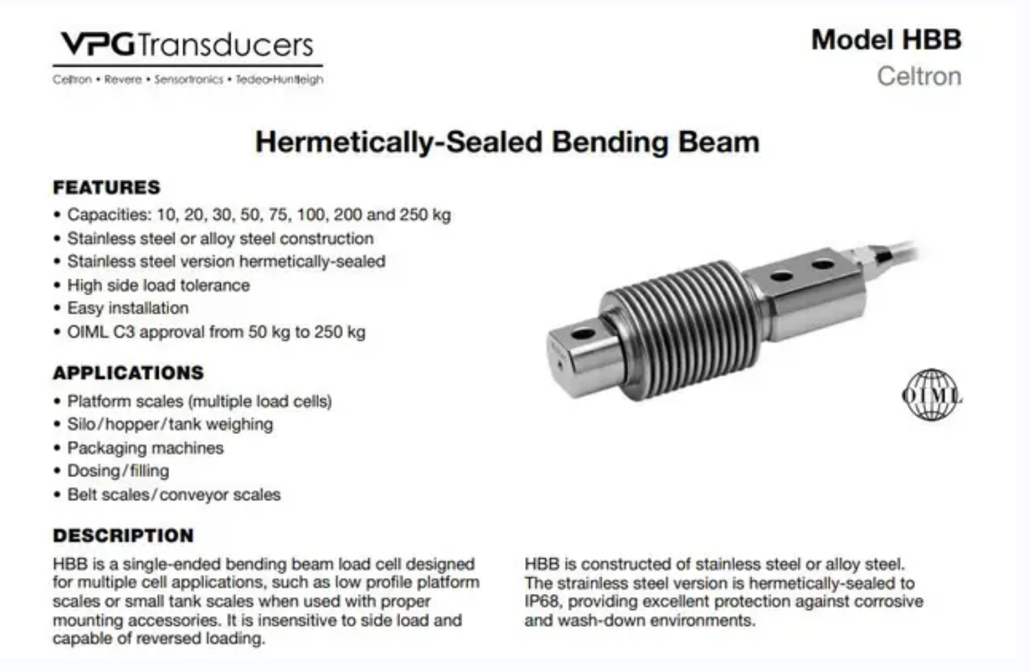 美國世銓HBB波紋管梁式稱重傳感器